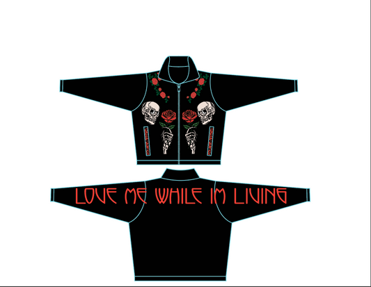 Love me while im living -  zip up - denim jacket W/ COLLAR