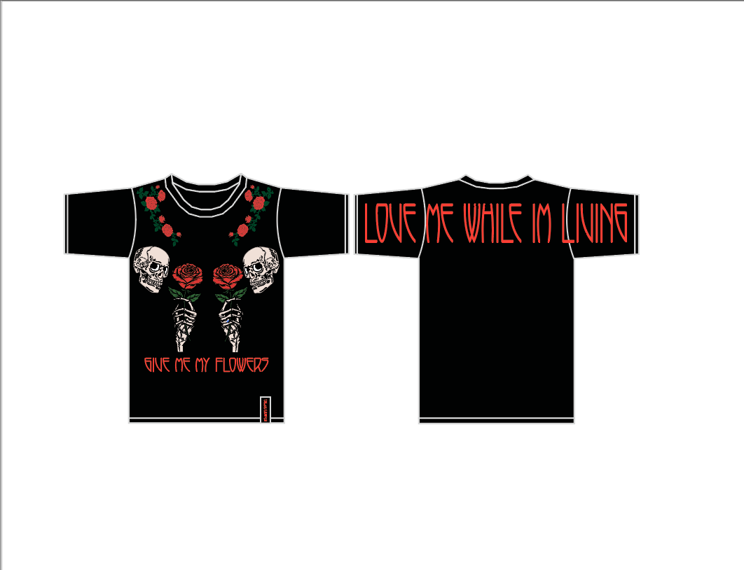 Black short-sleeve graphic T-shirt shown from the front and back on a plain white background. The front features two white skulls, a red rose, green leaves, and red text reading 'I'M PR MY FLOWER'.
